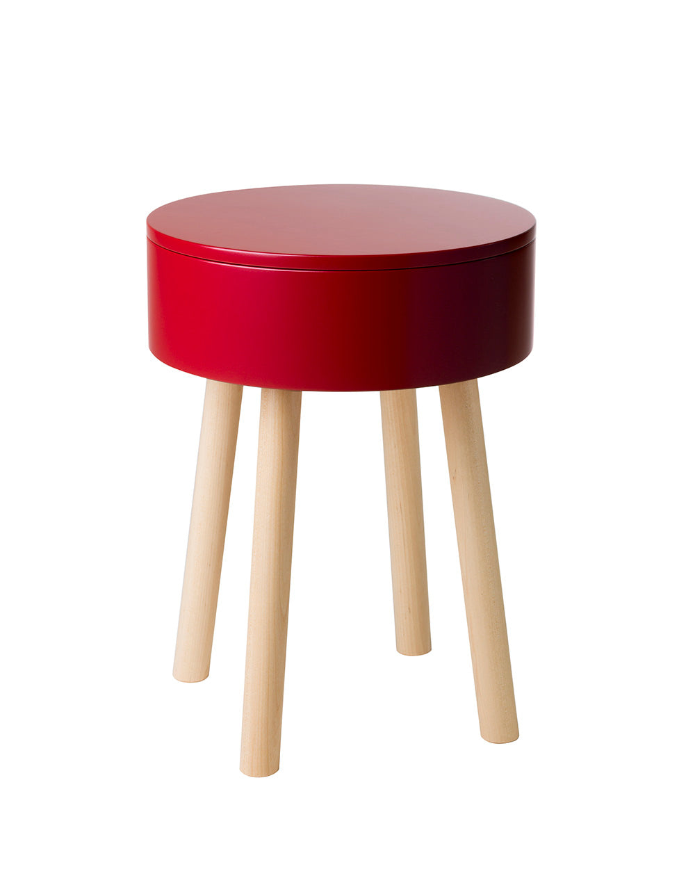 Multifunctional Piilo stool in Pomegranate Red. Piilo is a stool with storage space hidden inside its seat. Designed by Hanna Lantto. Made in Finland.