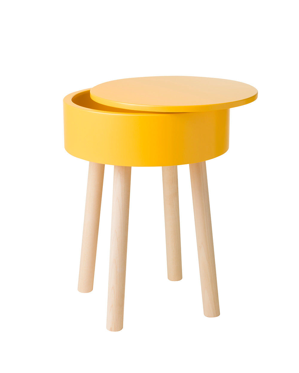 Multifunctional Piilo stool in Bold Yellow. Piilo is a stool with storage space hidden inside its seat. Designed by Hanna Lantto. Made in Finland.