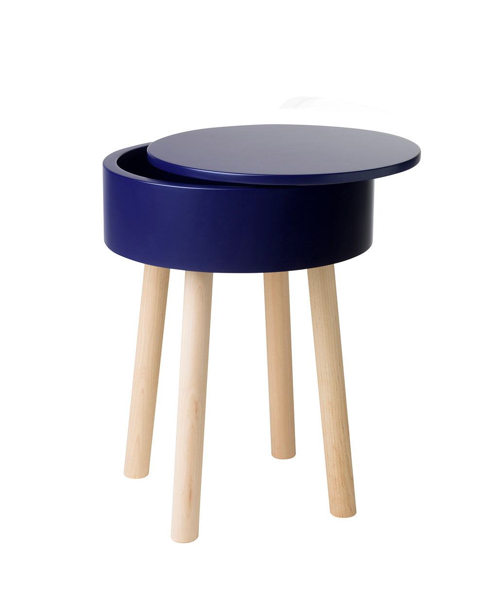 Multifunctional Piilo stool in Ink Blue. Piilo is a stool with storage space hidden inside its seat. Designed by Hanna Lantto. Made in Finland.